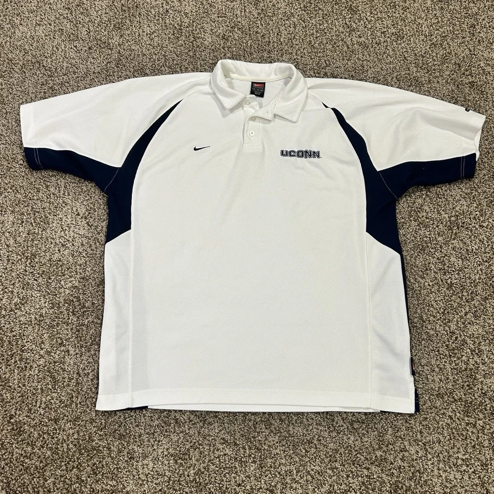Vintage Nike Team UConn Huskies Polo Shirt Mens XL White Embroidered Dri-FIT